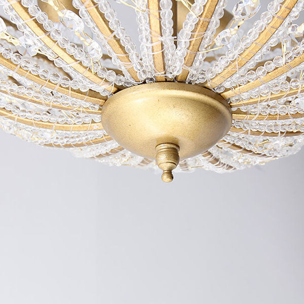 Traditional French Crystal Bead Strings Bowl Gold Iron 5-Light Semi-Flush Mount Ceiling Light For Living Room