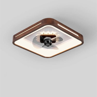 Modern Chinese Walnut Round Square Acrylic LED Flush Mount Ceiling Fan Light