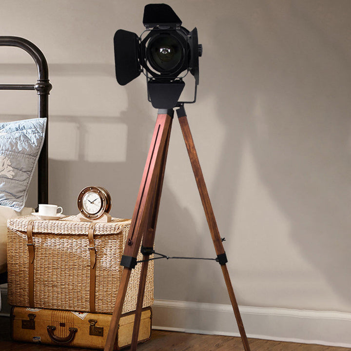 Traditionelle Vintage Stativ Kamera Holz Eisen ABS 1-Licht Stehlampe für Wohnzimmer 