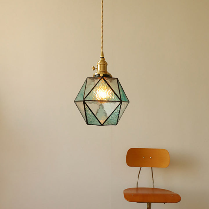 Traditional Tiffany Iron Brass Glass Polygonal Diamond 1-Light Pendant Light For Dining Room