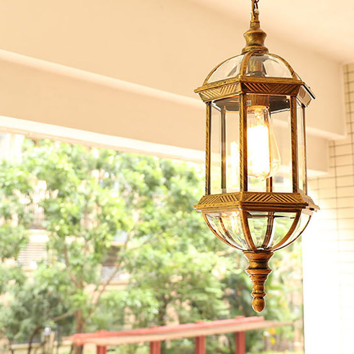 Zeitgenössische Retro sechseckige Laterne Glas Aluminium 1-Licht wasserdichte Pendelleuchte für Terrasse im Freien 