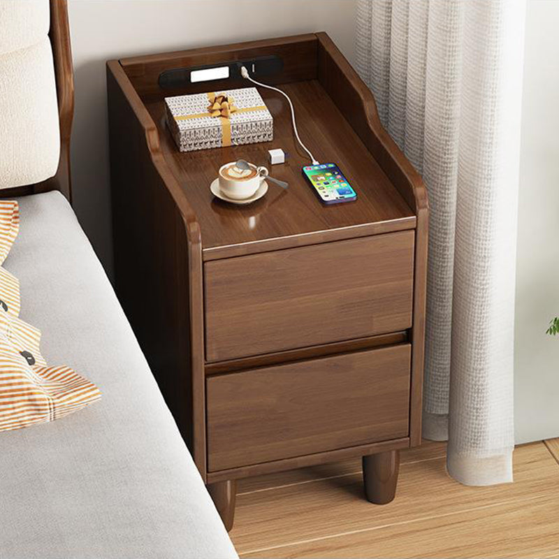 Table de chevet rectangulaire minimaliste moderne en bois de caoutchouc avec 2 tiroirs, lumière de capteur et chargement USB pour chambre 