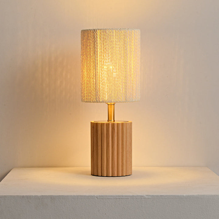 Traditional Japanese Round Cylinder Paper Rope Wood 1-Light Table Lamp For Bedroom