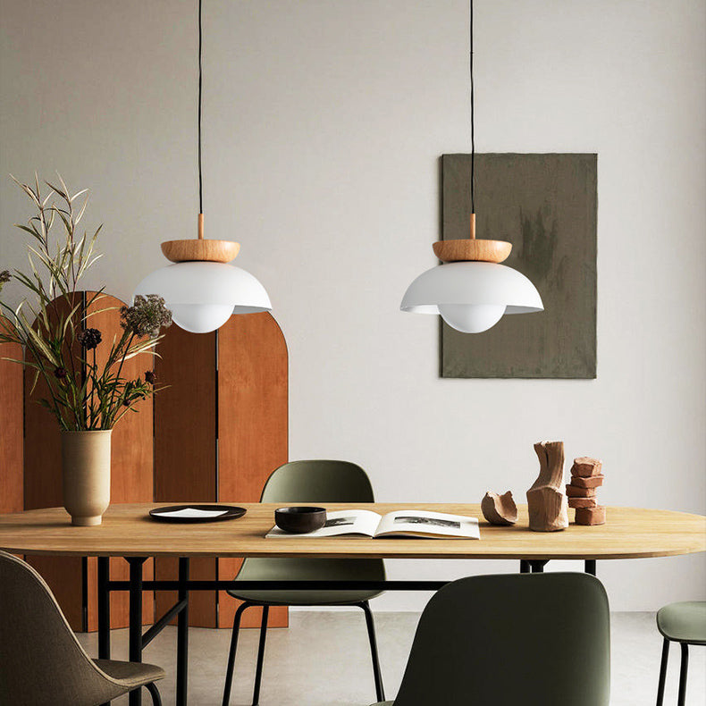 Suspension 1 lumière en bois et fer avec abat-jour rond moderne minimaliste pour salon 