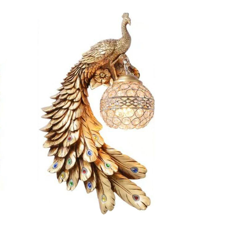 Vintage Ornate Resin Long Tail Peacock Crystal Ball Shade 1-Light Wall Sconce Lamp