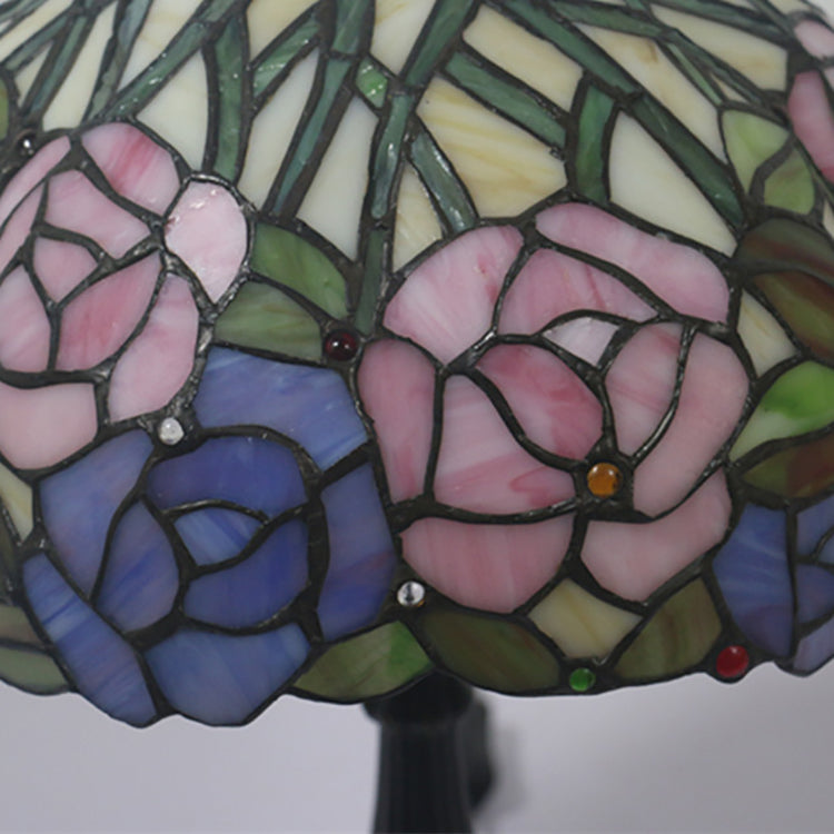 Traditionelle Tiffany Rose Blume Buntglas Kuppel 1-Licht Tischlampe für Schlafzimmer 