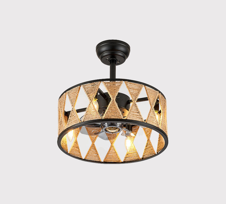 Ventilador de techo con cilindro de cuerda de cáñamo industrial creativo de 4 luces y varillas hacia abajo 