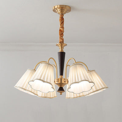 Traditioneller französischer Blumenzweig-Stoff-Walnuss-Messing-Kronleuchter mit 3/6 Lichtern für Schlafzimmer 