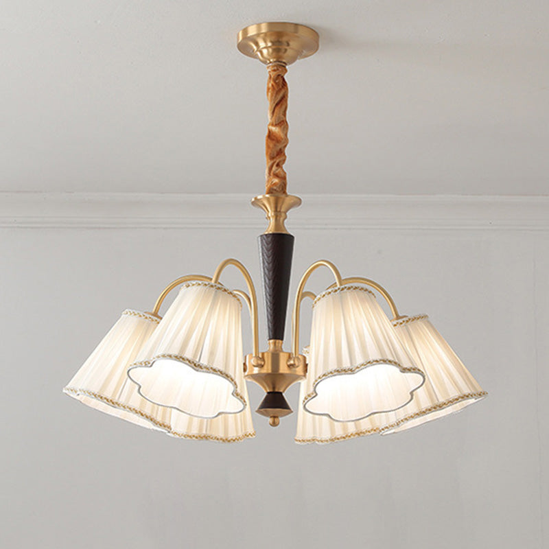 Traditioneller französischer Blumenzweig-Stoff-Walnuss-Messing-Kronleuchter mit 3/6 Lichtern für Schlafzimmer 