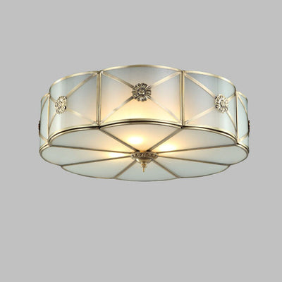 Modern Light Luxury Carving Copper Round Glass 3-Light Flush Mount Ceiling Light