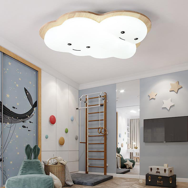 Modern Art Deco Airplane Clouds Moon Acrylic Wood LED Flush Mount Ceiling Light For Living Room
