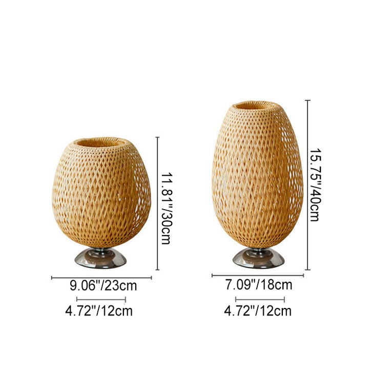 Traditional Chinese Moso Bamboo Wood Iron Weaving Oval Round 1-Light Table Lamp For Bedroom