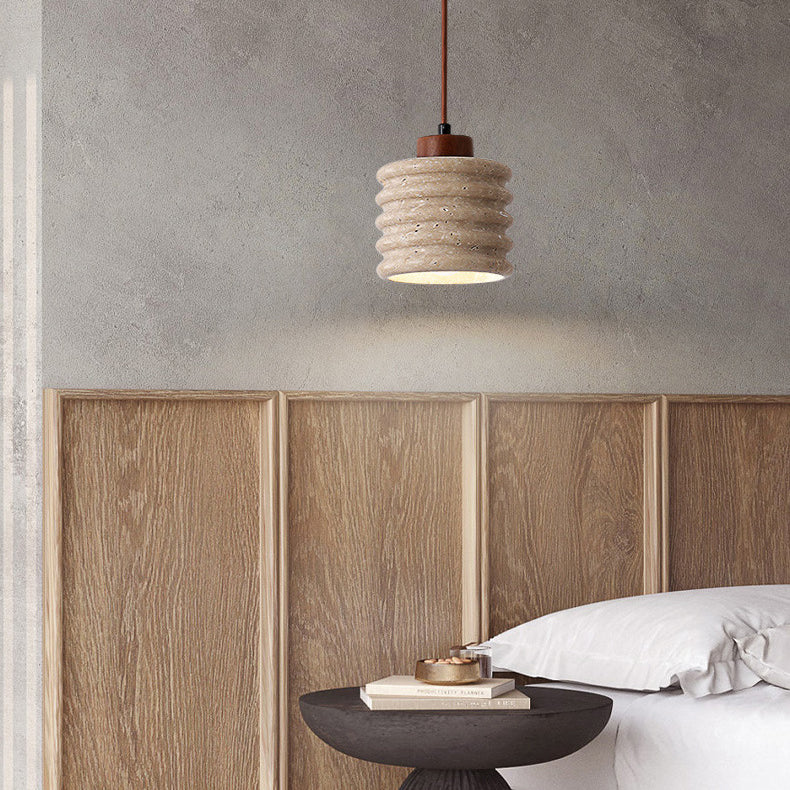 Lustre Suspendu 1 Lumière en Bois Massif Travertin Cylindre Vintage Traditionnel pour Chambre 