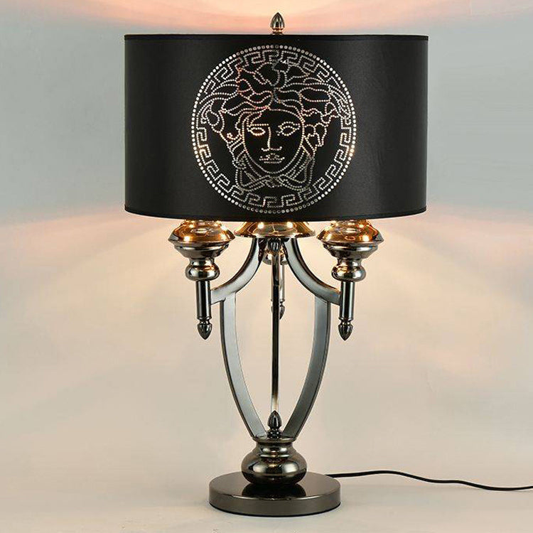 Lampe de table à 3 lumières en tissu rétro contemporain avec cylindre en marbre et fer pour étude 