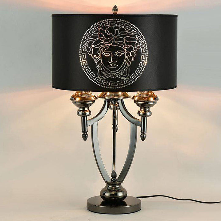 Lampe de table à 3 lumières en tissu rétro contemporain avec cylindre en marbre et fer pour étude 