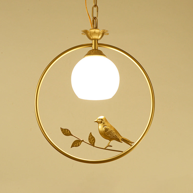 Traditionelle Vintage Eisenring Vogel Dekor Blume Glasschirm 1-Licht Pendelleuchte für Wohnzimmer 