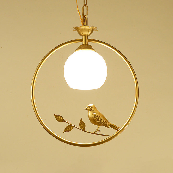 Traditionelle Vintage Eisenring Vogel Dekor Blume Glasschirm 1-Licht Pendelleuchte für Wohnzimmer 