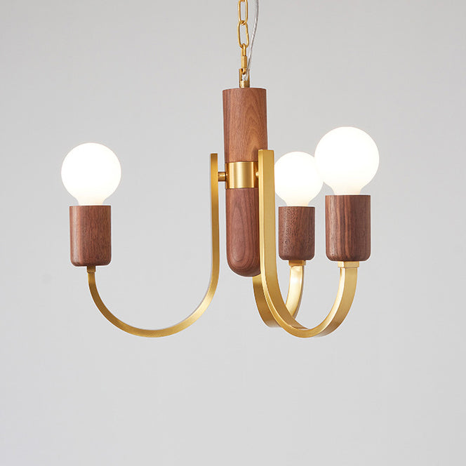 Zeitgenössischer Vintage-Kronleuchter mit gebogener Stange, Zylinder, Kerzenständer-Form, Kupfer, Holz, 3/4/5 Lichter, für Wohnzimmer 