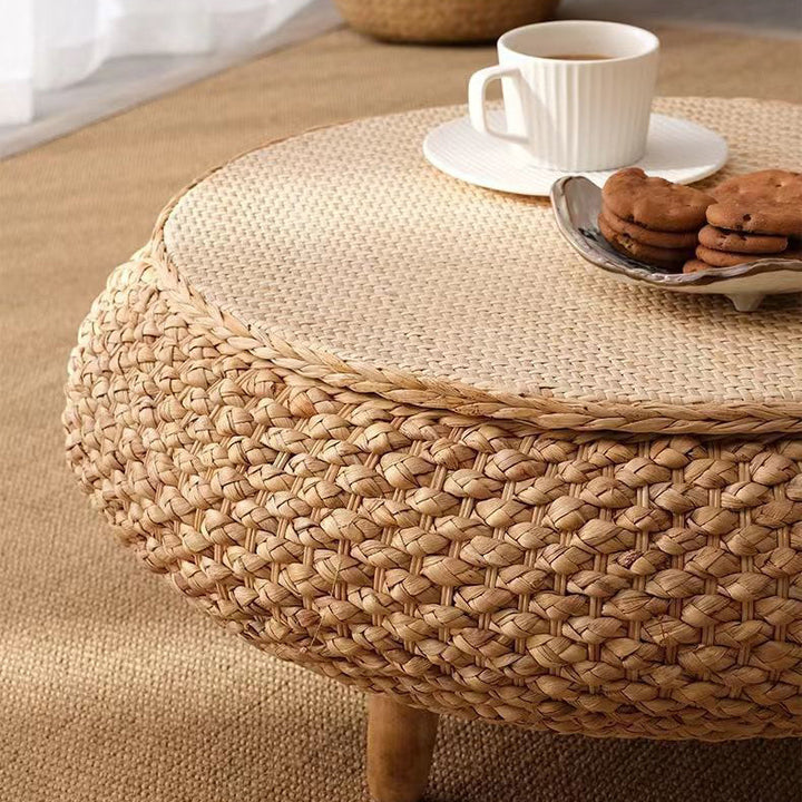 Traditional Japanese Oval Narcissus Rattan Poplar Wood Coffee Table Storage For Living Room
