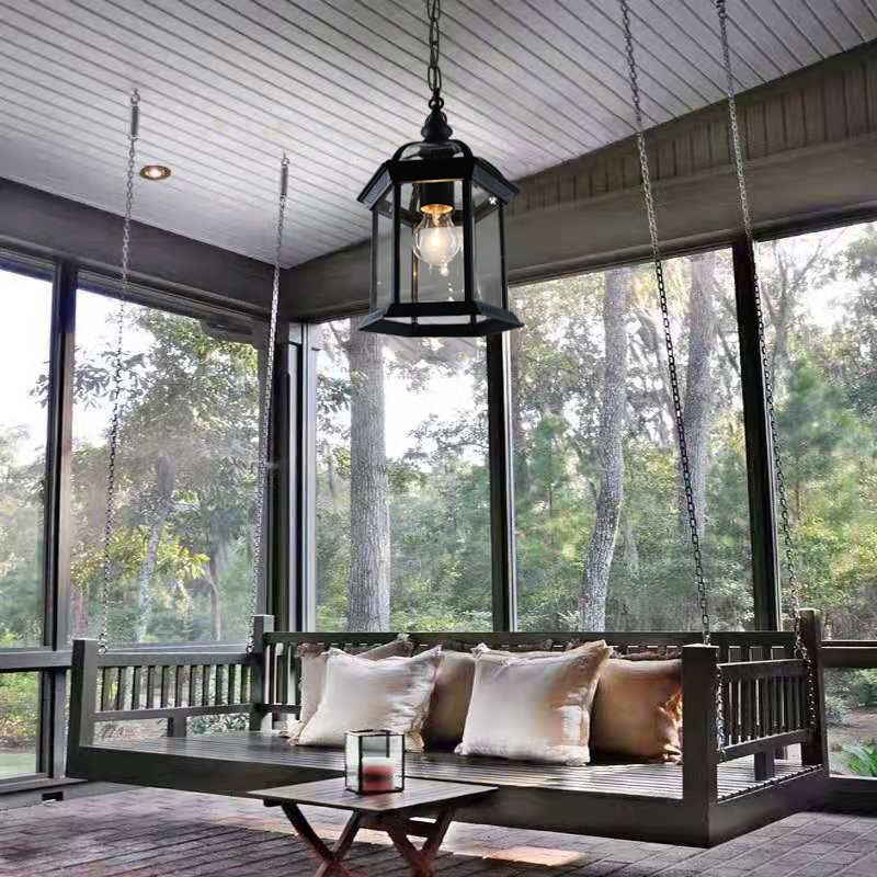 Lanterne suspendue extérieure moderne minimaliste à colonne hexagonale en aluminium et verre avec 1 lumière pour jardin 