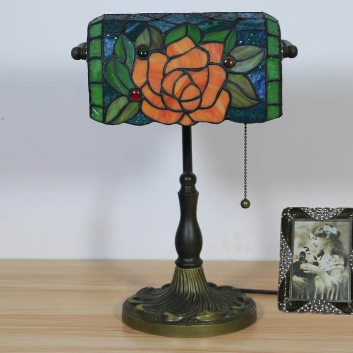 Traditional Tiffany Blooming Flowers Stained Glass 1-Light Bank Table Lamp for Living Room