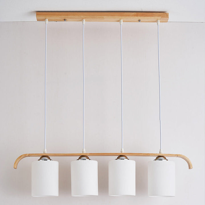 Zeitgenössischer skandinavischer langer Zylinder aus Glas und Holz mit 4 Lichtern, Inselleuchter für Wohnzimmer 
