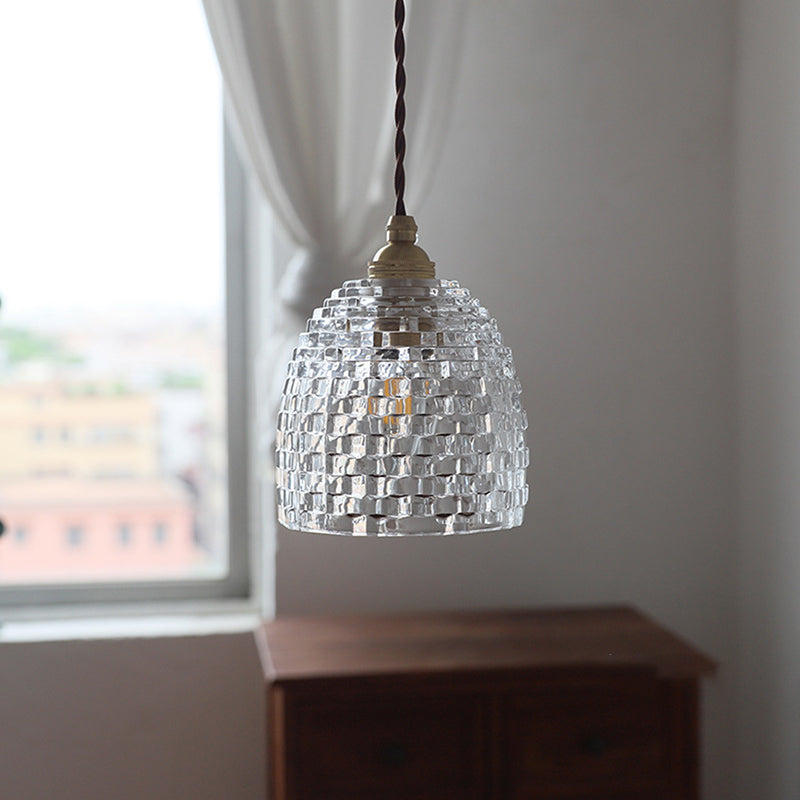 Lámpara colgante de 1 luz con forma de flor de vidrio a cuadros de latón francés tradicional para sala de estar 