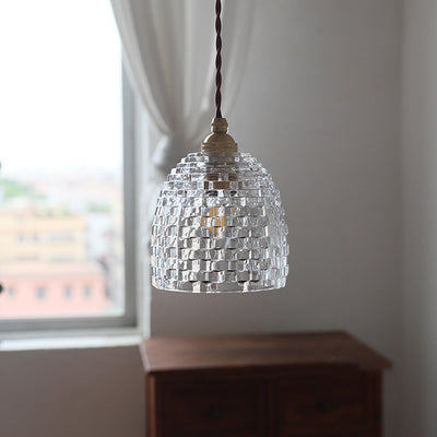 Traditionelle französische Pendelleuchte in Blumenform aus Messing mit kariertem Glas und 1 Licht für das Wohnzimmer 