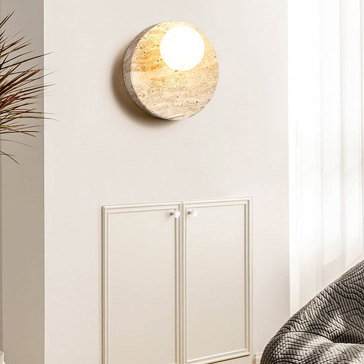 Traditional Japanese Wabi-Sabi Yellow Travertine Circle 1-Light Wall Sconce Lamp For Bedroom