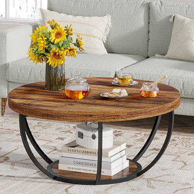 Mesa de café moderna de lujo redonda de tablero de densidad de acero con 1 estante para sala de estar 