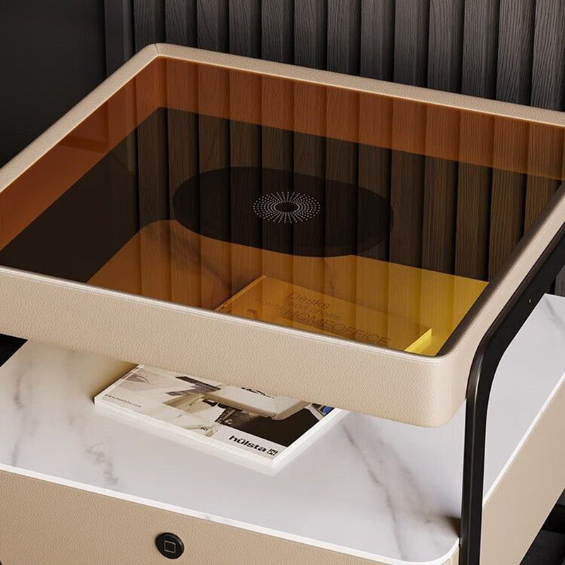 Table de nuit moderne minimaliste rectangulaire en verre renforcé avec dalle de roche et fer, 1 tiroir pour chambre à coucher 