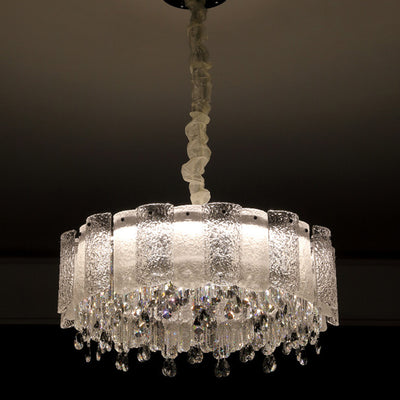 Traditionelle französische runde Ripple-Metallkristallglas-LED-Kronleuchter für Wohnzimmer 