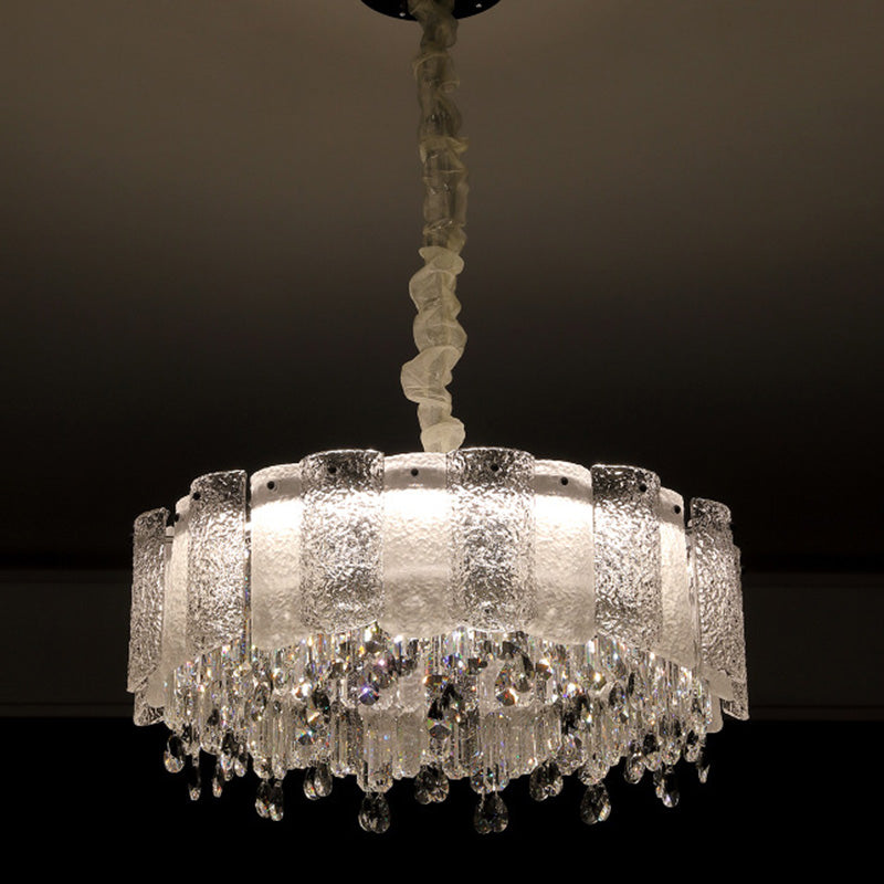 Traditionelle französische runde Ripple-Metallkristallglas-LED-Kronleuchter für Wohnzimmer 