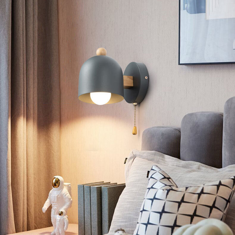 Contemporary Nordic Rubberwood Iron Dome Shade Log Pull Cord 1-Light Wall Sconce Lamp For Bedroom