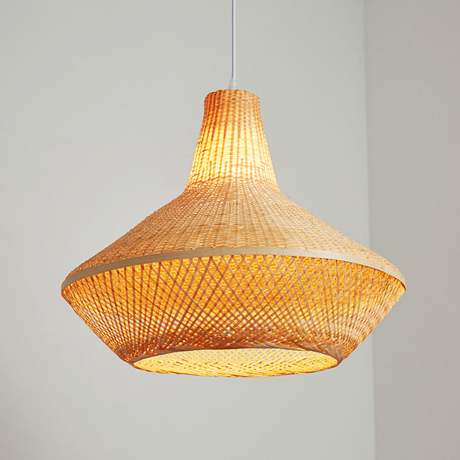 Lustre suspendu à 1 lumière en bambou tissé rond chinois traditionnel pour salles de divertissement 