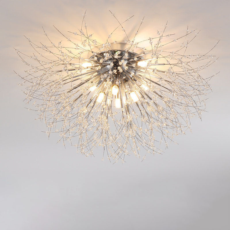 Modern Art Deco Crystal Beads Dandelion Aluminum Strip Shape 4/5/6/8-Light Semi-Flush Mount Ceiling Light For Living Room