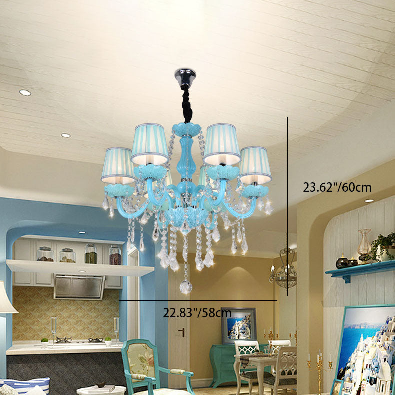 Contemporary Coastal Round Candle Holder Hardware Crystal Glass Fabric 6/8 Light Chandelier For Living Room