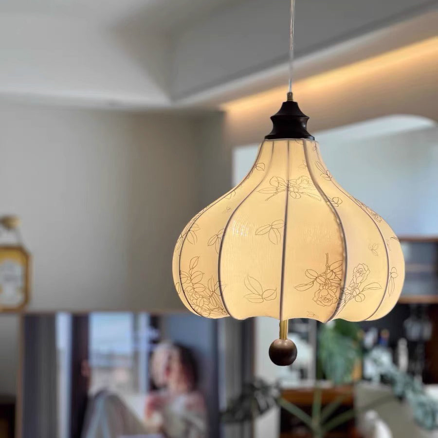 Suspension Luminaire Traditionnel Vintage en Forme de Châtaigne Ronde en Tissu Bois Massif 3/5 Lumières pour Salon 
