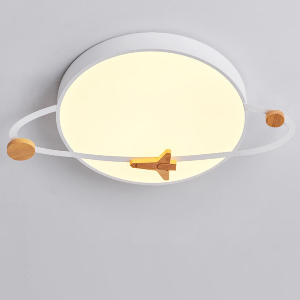 Contemporary Scandinavian Iron Acrylic Wood Round Planet Design LED Kids Flush Mount Ceiling Light For Bedroom