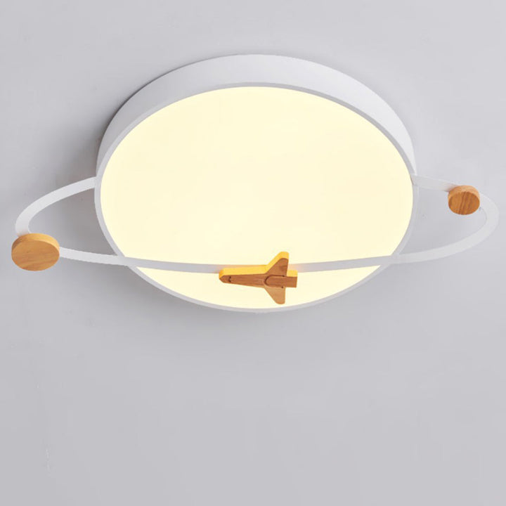 Contemporary Scandinavian Iron Acrylic Wood Round Planet Design LED Kids Flush Mount Ceiling Light For Bedroom