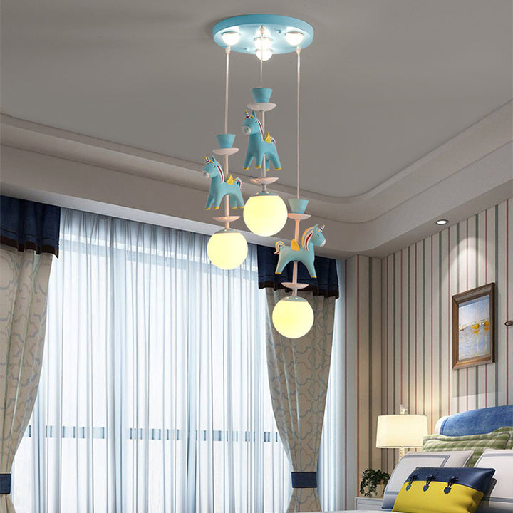 Moderno Arte Deco Niños Hierro Resina Vidrio Base Redonda Bola Caballo 1/3/5 Luces Plafón para Techo de Dormitorio 