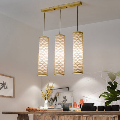 Modern Chinese Bamboo Weaving PVC Cylinder 1/3 Light Island Light Chandelier