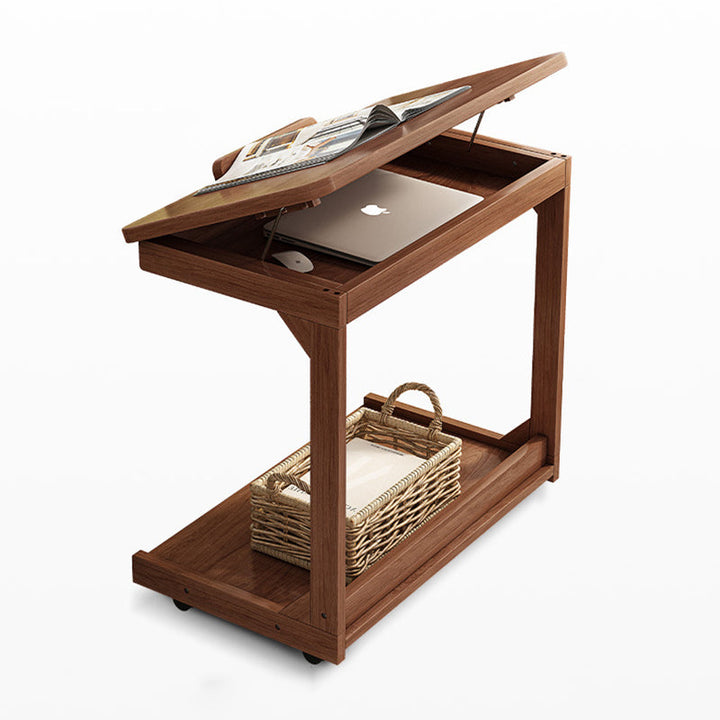 Traditional Vintage Square MDF Rubberwood Flip-top Side Table 2-Tier Storage Shelves For Living Room