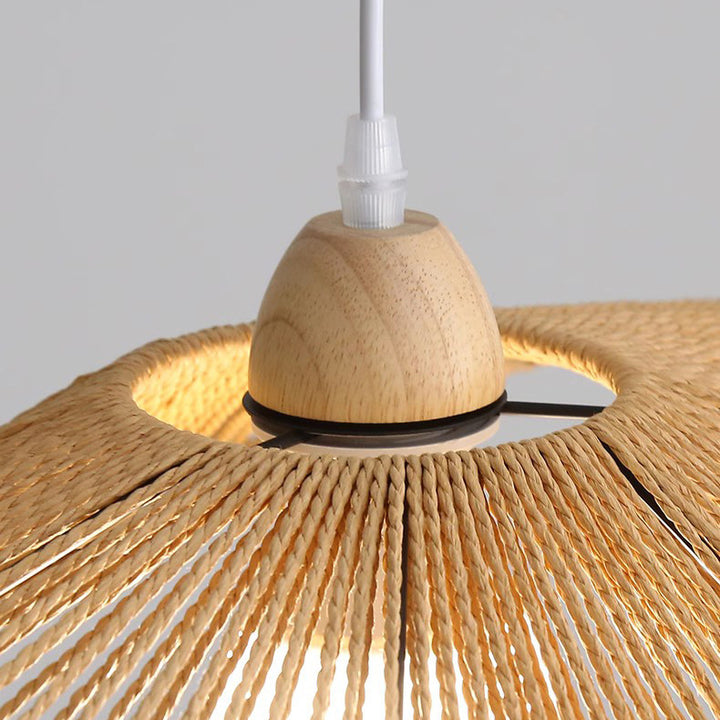 Traditionelle Vintage Holz Papier Seil Weben Strohhut Form 1-Licht Pendelleuchte für Wohnzimmer 