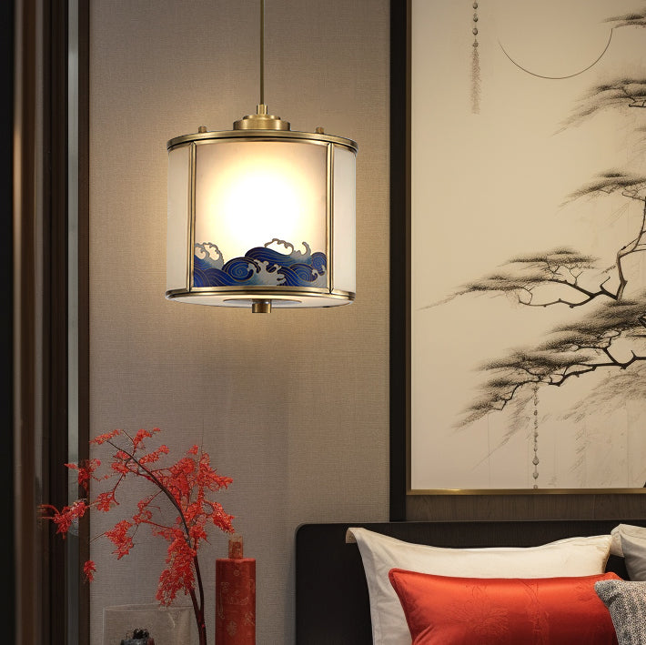 Traditionelle chinesische Messingglaszylinder-Pendelleuchte mit 1 Licht für Wohnzimmer 