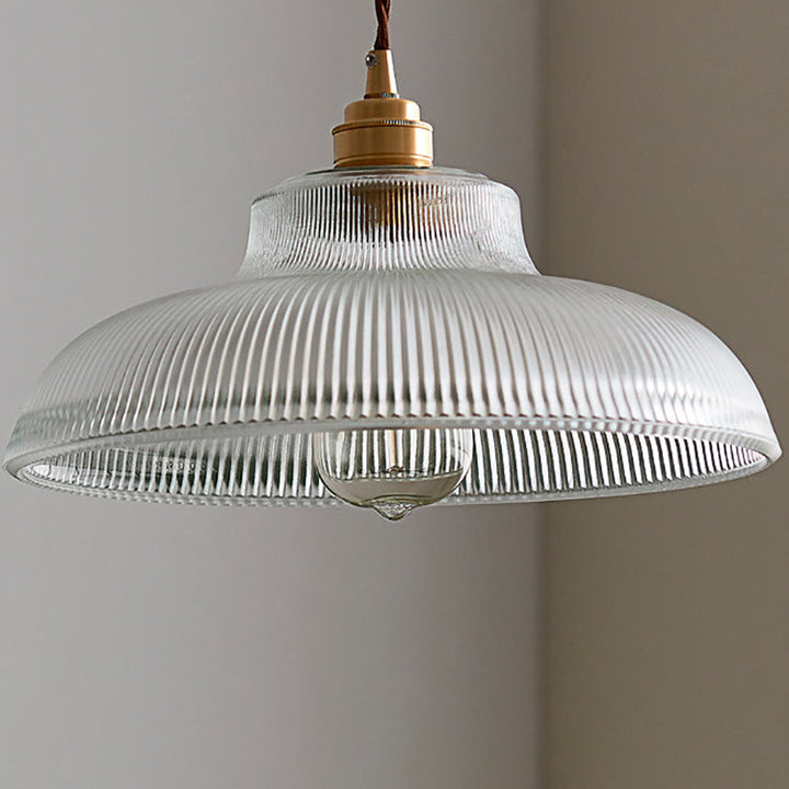 Traditionelle Vintage gerippte Glasscheibe Schirm Messing 1-flammige Pendelleuchte für Wohnzimmer 