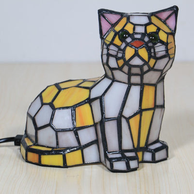 Lámpara de mesa de 1 luz con diseño de gato de vidrio Tiffany tradicional para dormitorio 