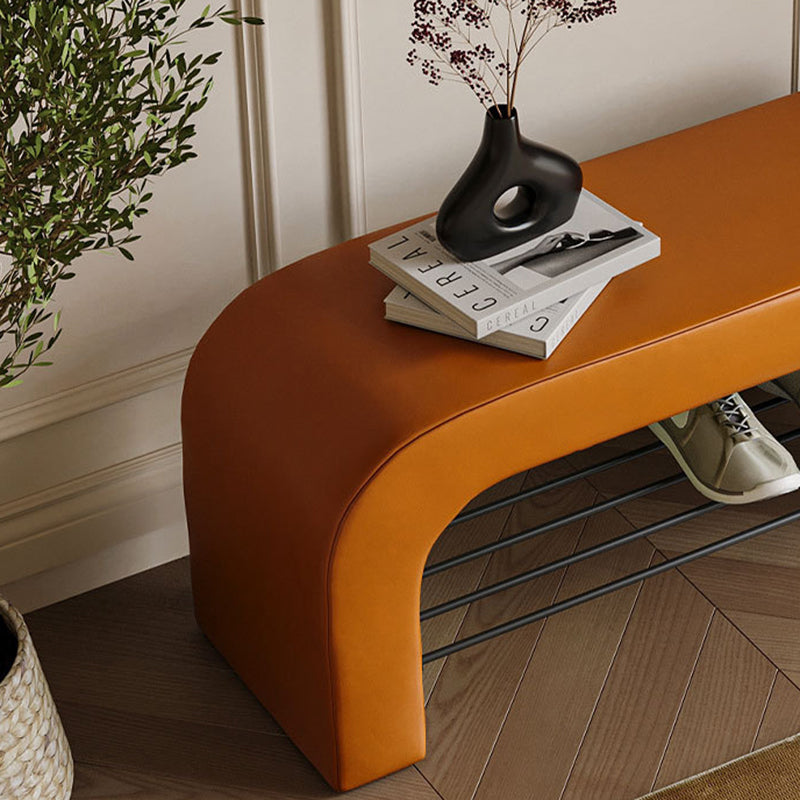 Banc de rangement moderne minimaliste en agneau rectangulaire long en cuir PU avec fer, 1 étagère pour les entrées 