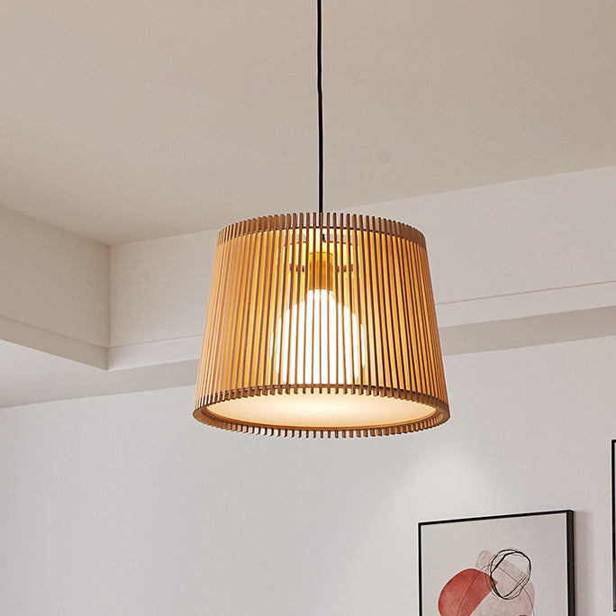 Traditional Japanese Wood Acrylic Cylinder Bucket 1-Light Pendant Light For Dining Room