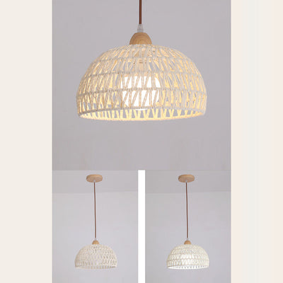 Traditional Japanese Half Round Solid Wood Rattan 1-Light Pendant Light For Living Room